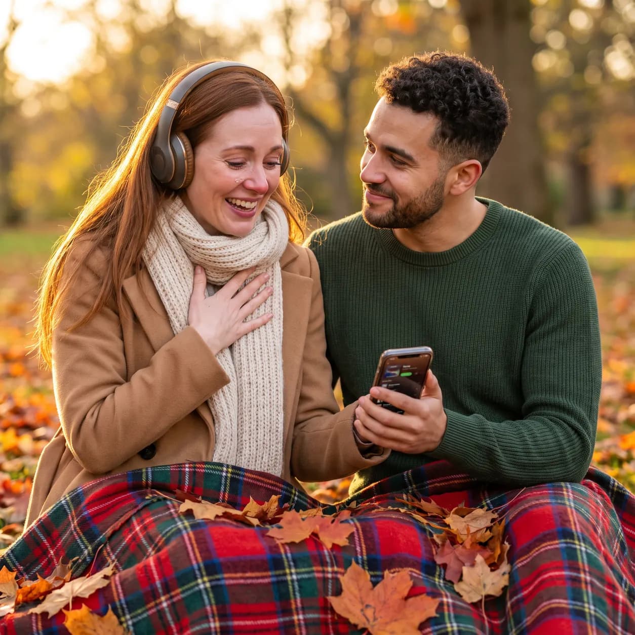 A woman moved to tears by a song written about her and her partner, in an autumn park