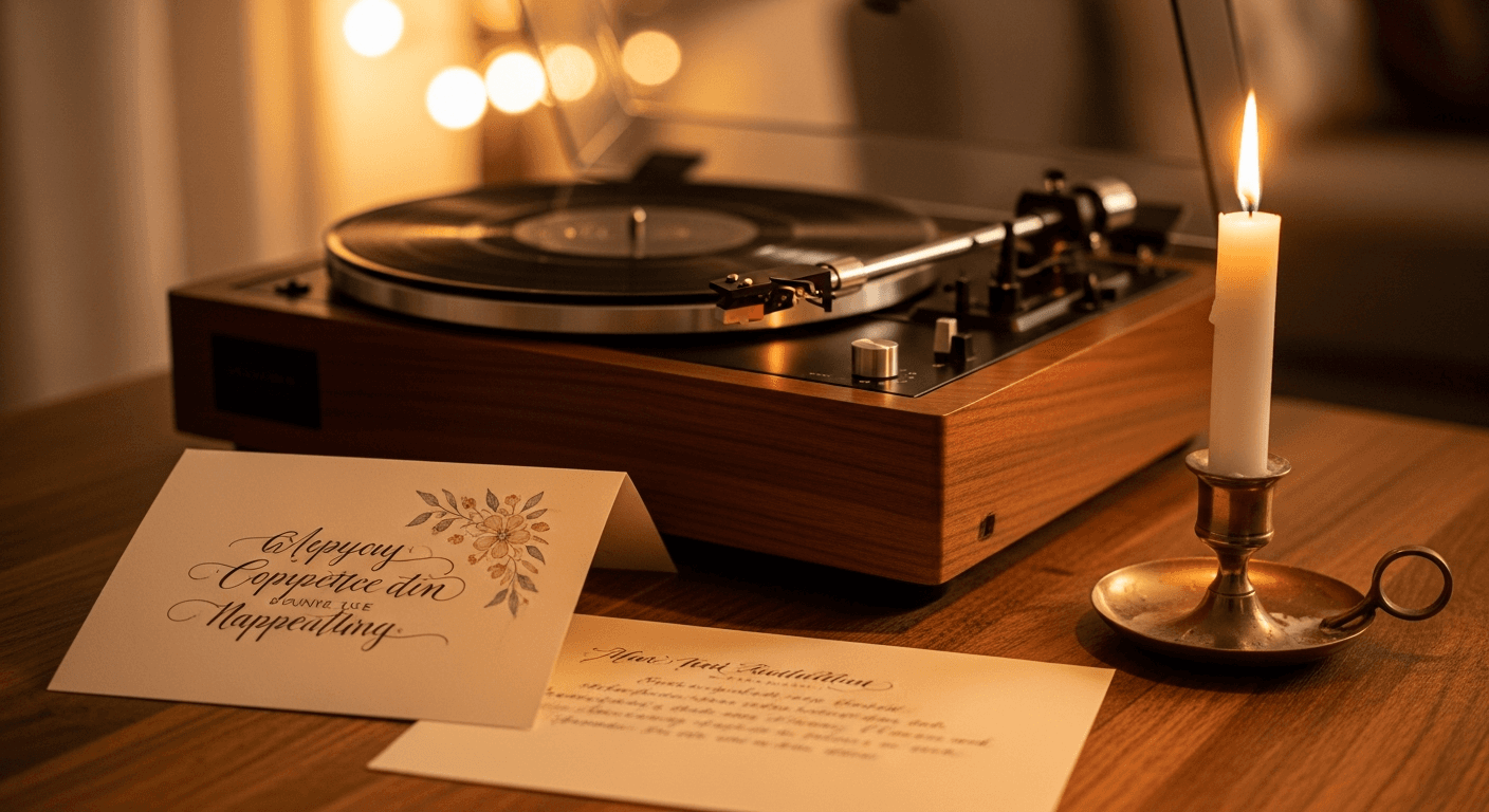 Candlelit record player and greeting card